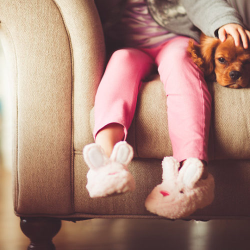 Little girl on couch with puppy