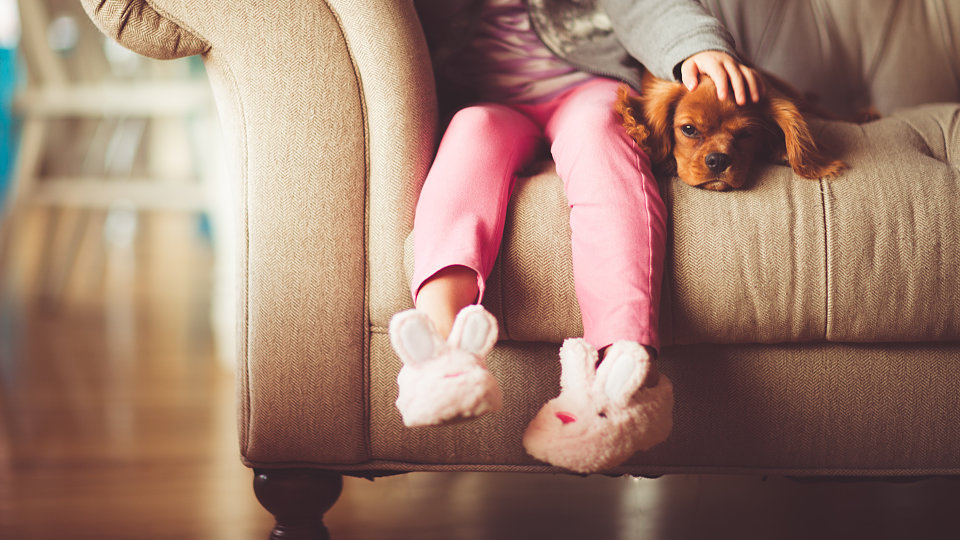 Little girl on couch with puppy