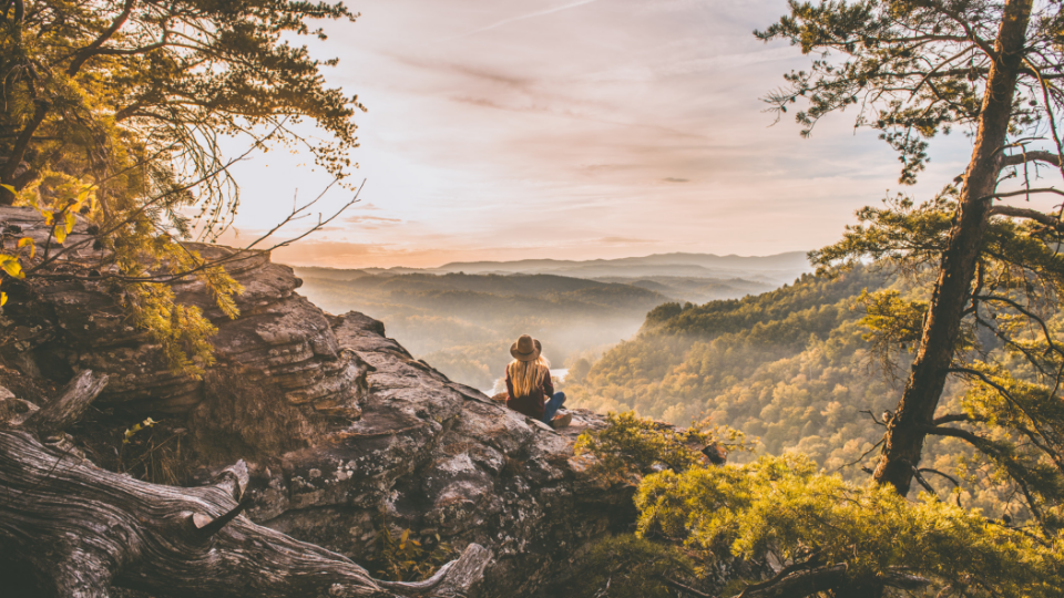 Girl sitting in a forest staring out at a mountain