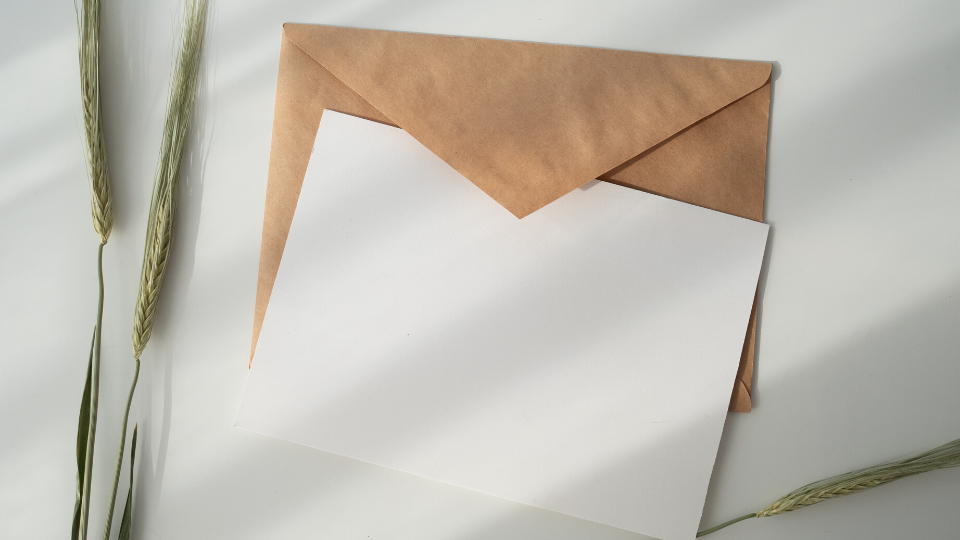 light brown envelope and white card sitting on a white table with green plant laying beside it