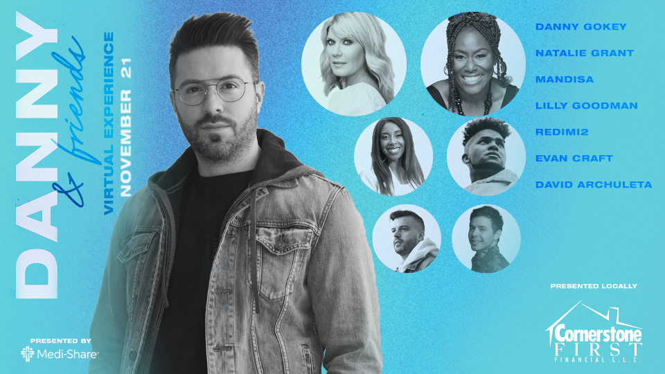 Danny Gokey in black and white in front of blue and green ombre background