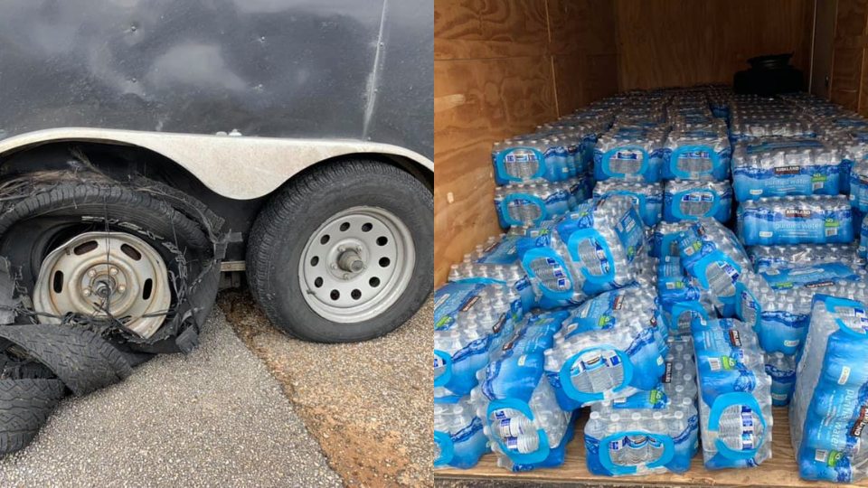 Two pictures side by side one picture is of a truck with a tired popped and the other picture is hundreds of cases of bottled water in the back of a truck