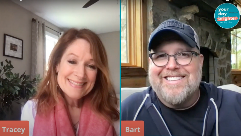 Bart Millard on the right side of a video call and Tracey Tiernan on the left side both smiling at the camera