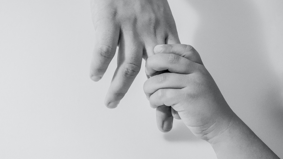 black and white photo of a child reaching up to grab adults hand