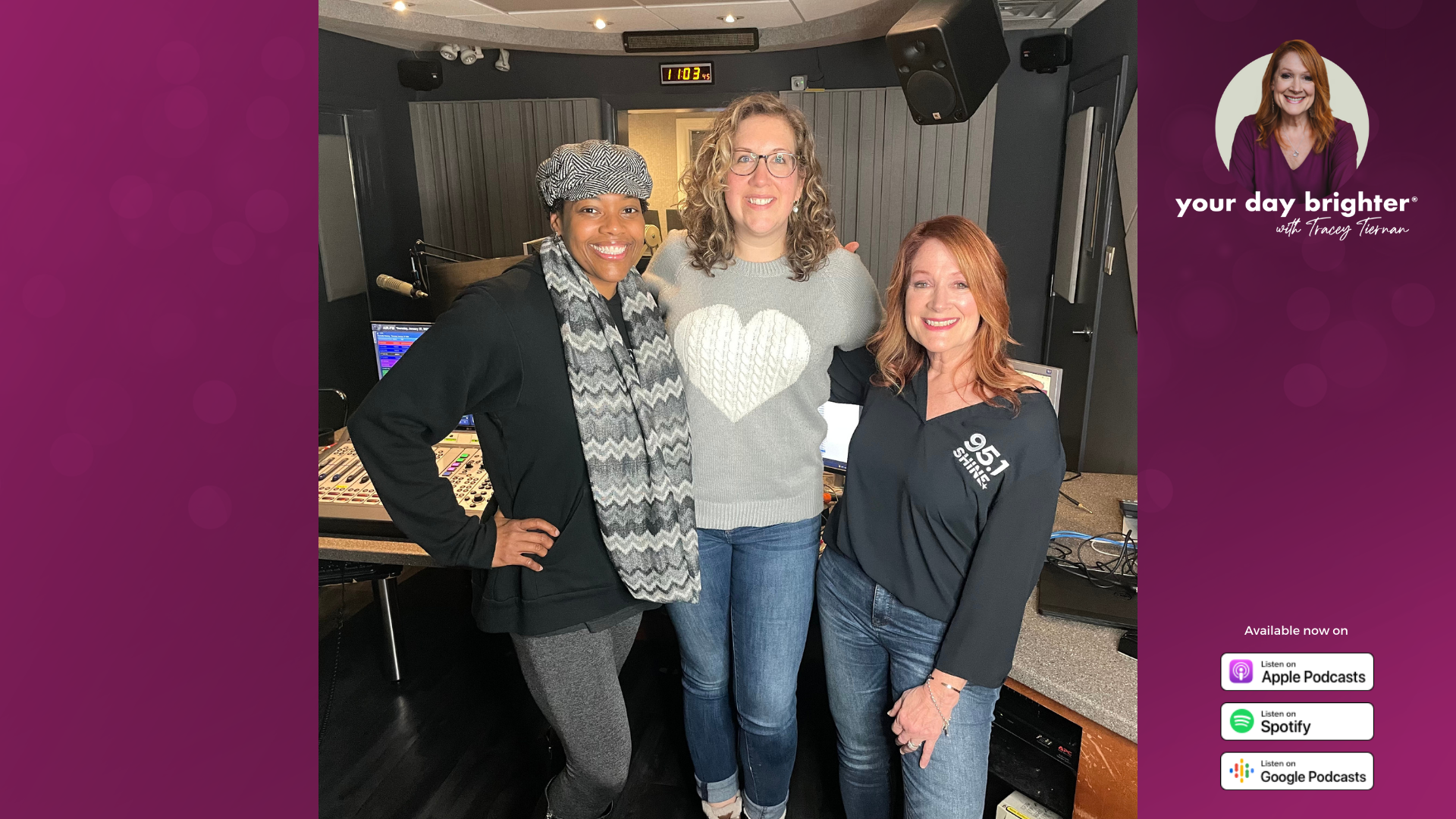 Christina, Erin, and Tracey standing side by side smiling in the radio station studio