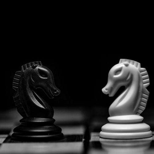 black and white chess pieces facing towards one another