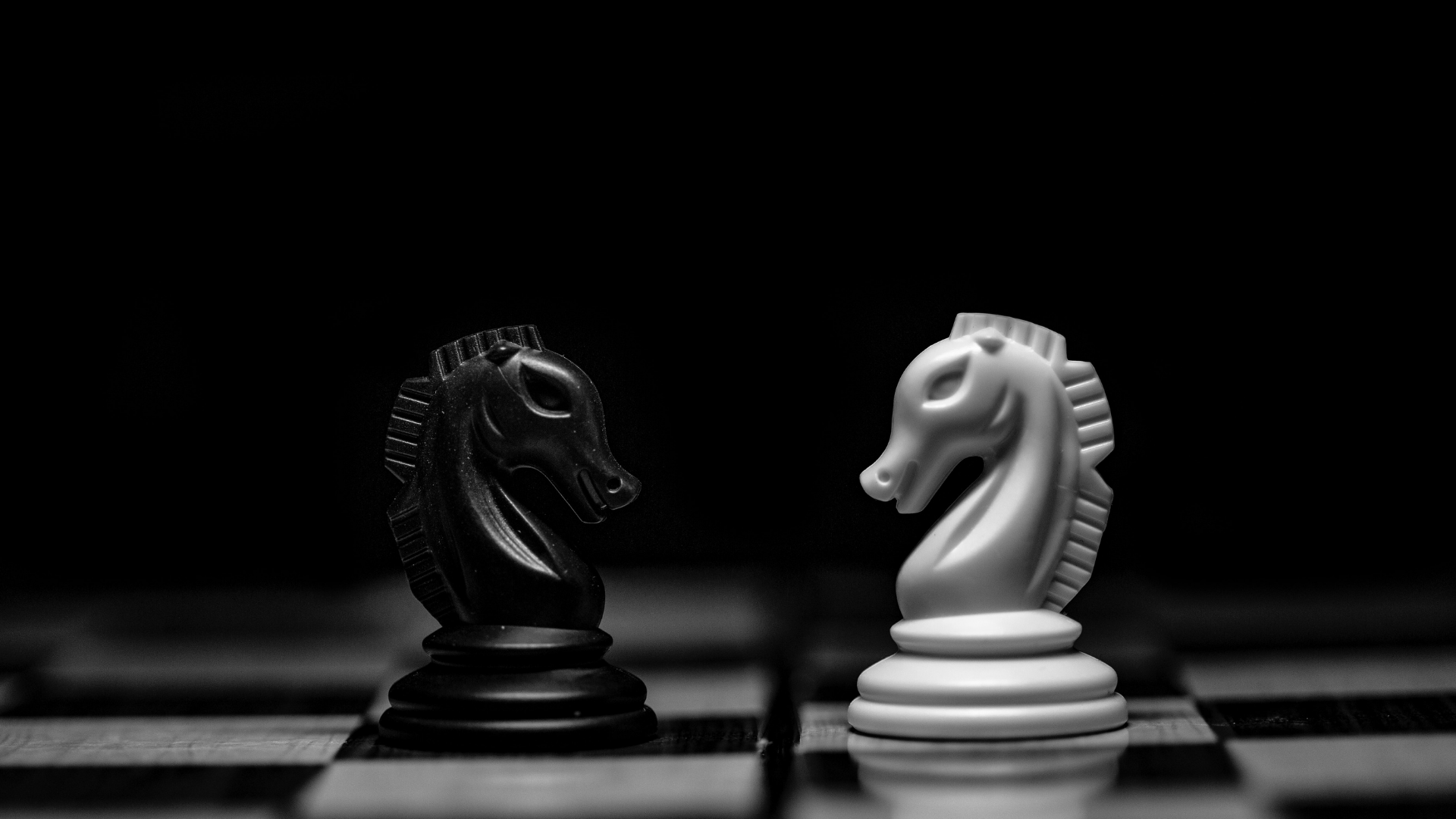 black and white chess pieces facing towards one another