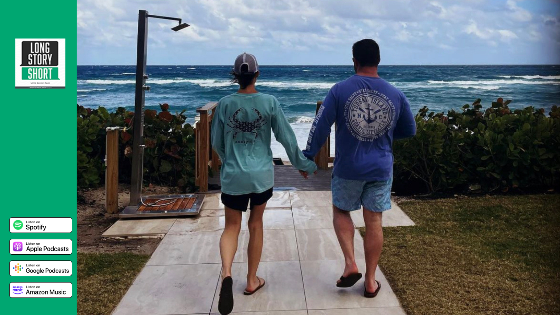 Steve and Nikki Healy holding hands and walking on a path that leads to the beach