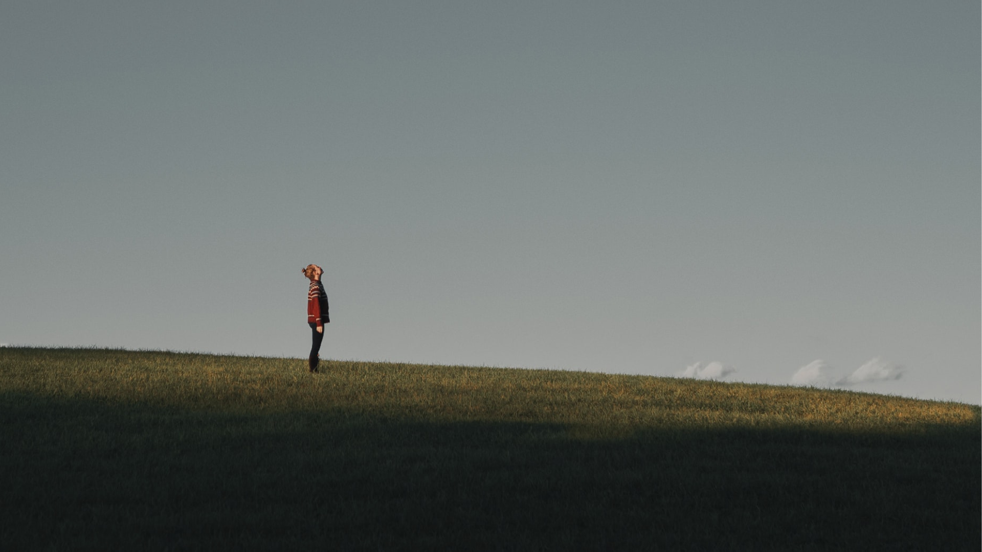 Person standing in the middle of a grassy field looking up into the blue/grey sky