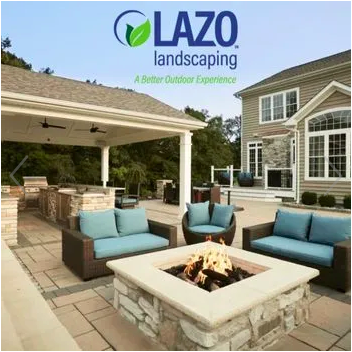 teal and brown outdoor patio chairs set up around a square fire pit
