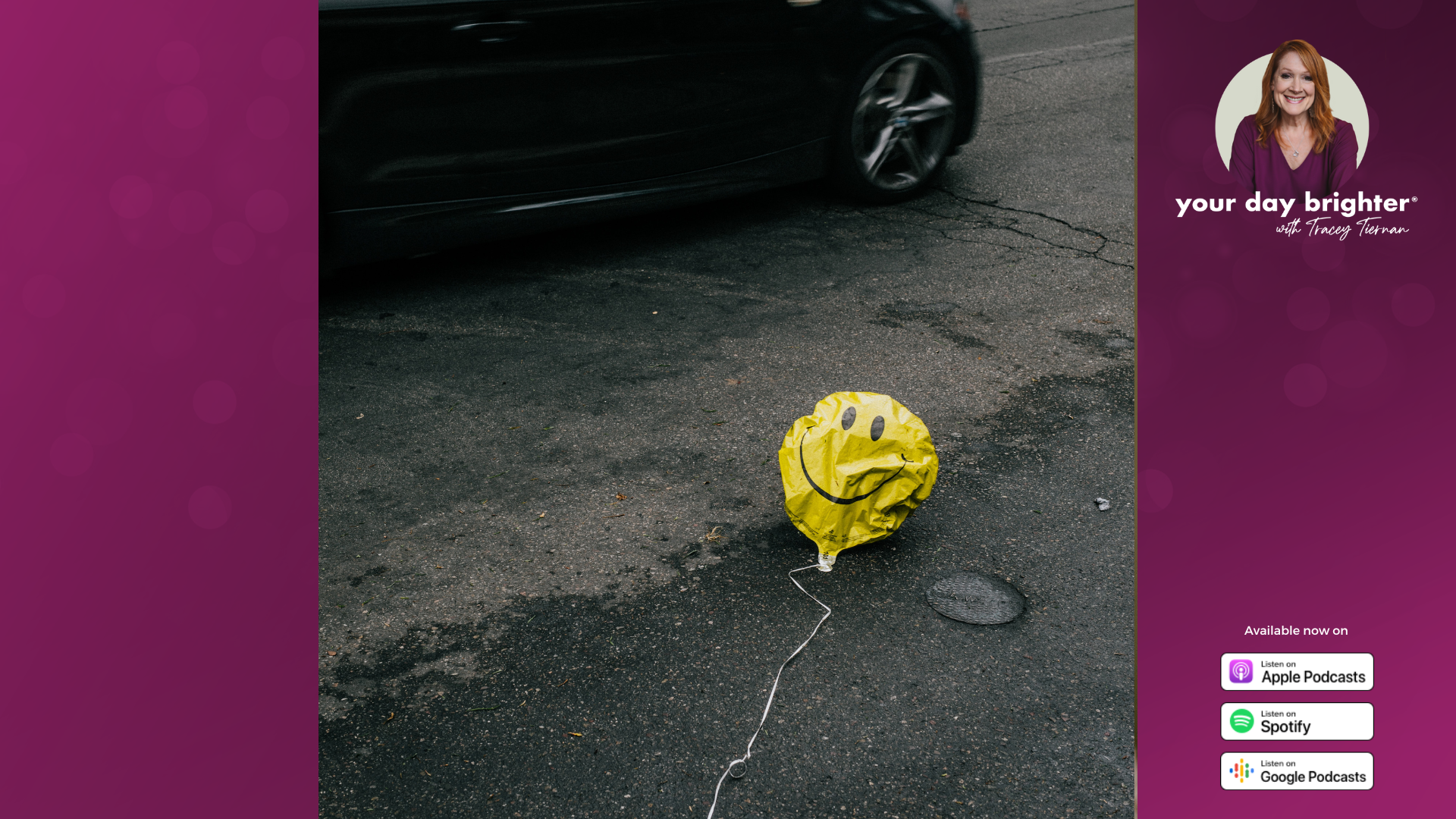 deflated yellow balloon with a smiley face on it laying in the street