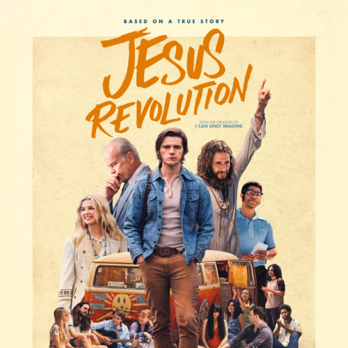 Jesus Revolution cast standing in a group against a yellow backgroun