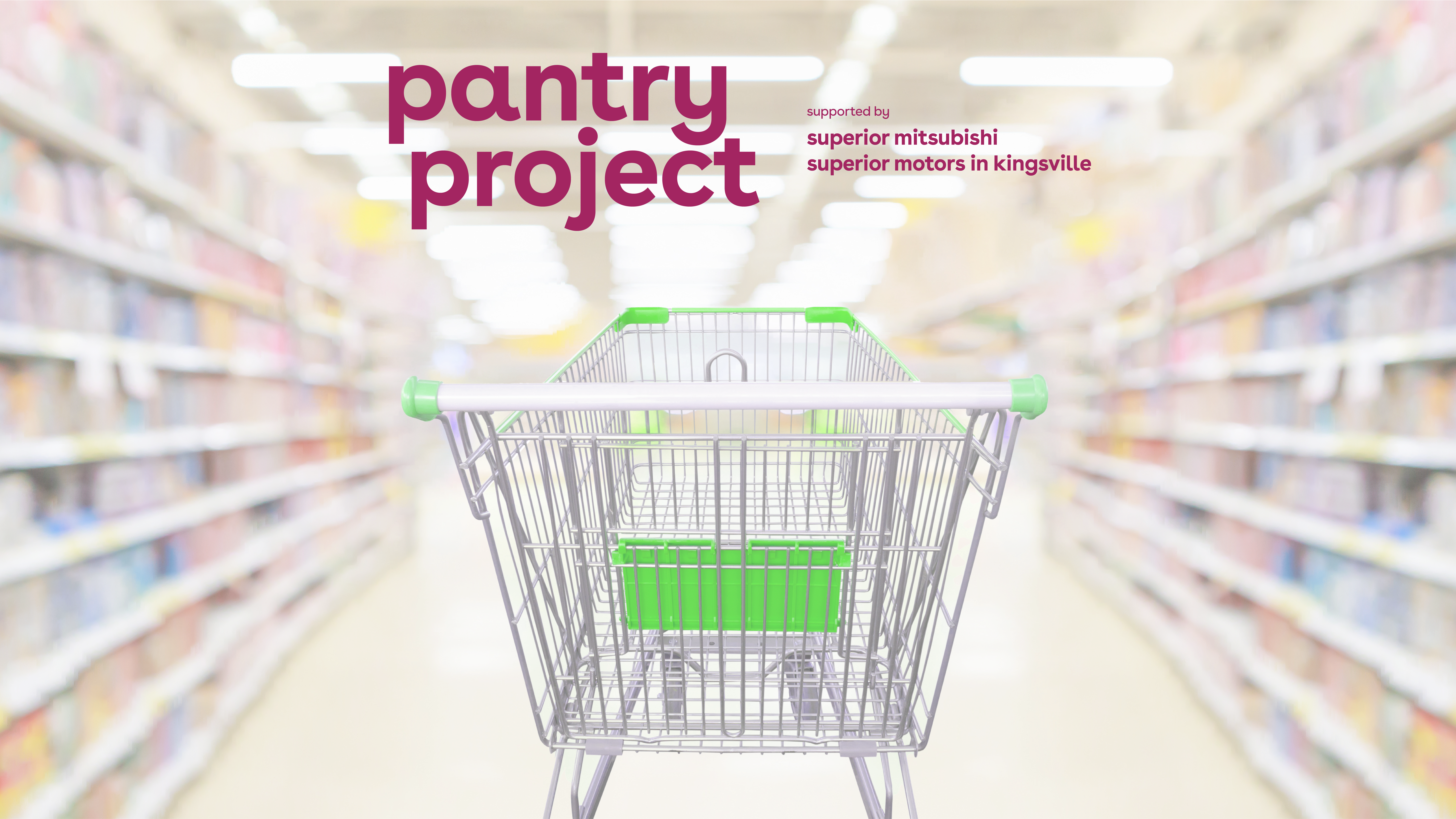 Image of grocery store aisle with BRIGHT-FM Pantry Project logo overlaid on top